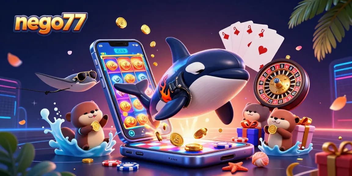 Nego77 showcases a dynamic casino scene with an orca, stingray, and otters, highlighting vibrant slot games.
