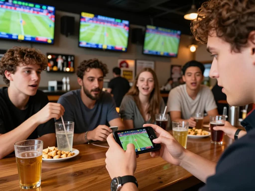 Engaged sports fan using 789win app for betting on live games in a vibrant sports bar atmosphere