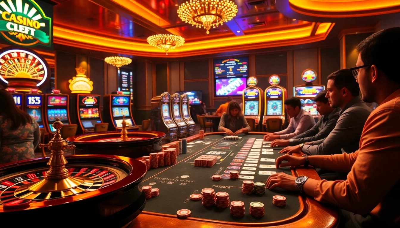 Engaged players at a casino table playing games inspired by https://onew88.com/ with vibrant chips and cards.