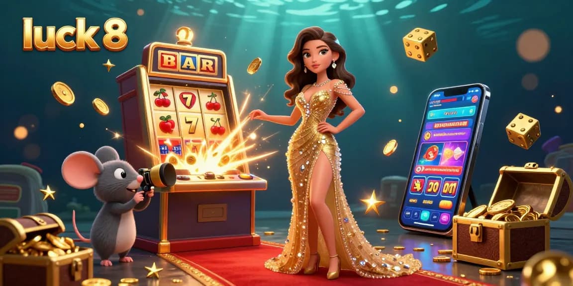 Engage with luck 8 in this vibrant jackpot scene featuring a dazzling woman and golden game elements.