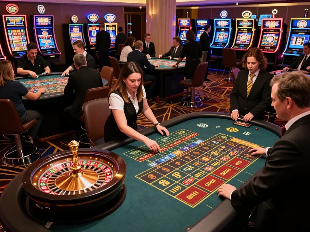 Experience the thrill of betting at VK88 roulette tables in a vibrant casino atmosphere.