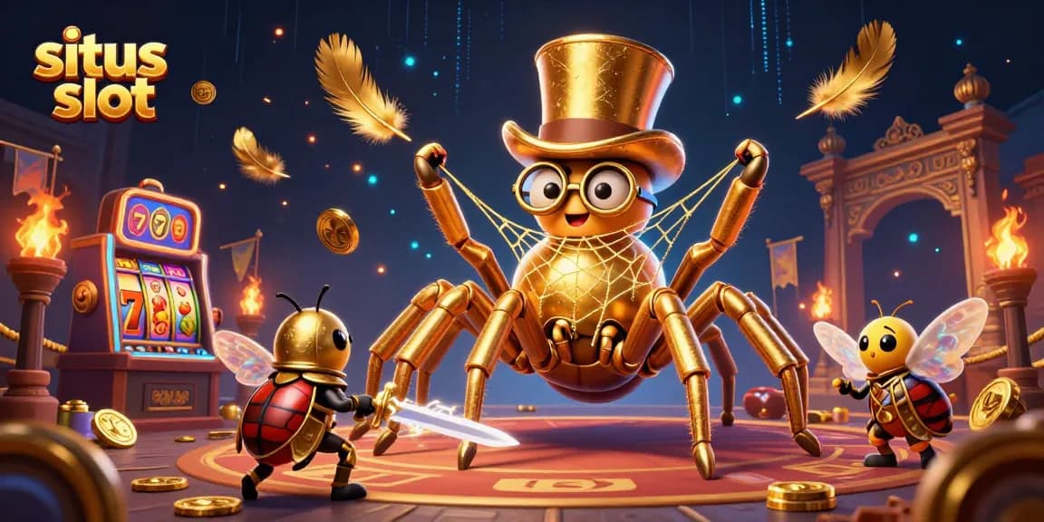 Spin the reels on situs slot while a golden tarantula weaves an enchanting scene.