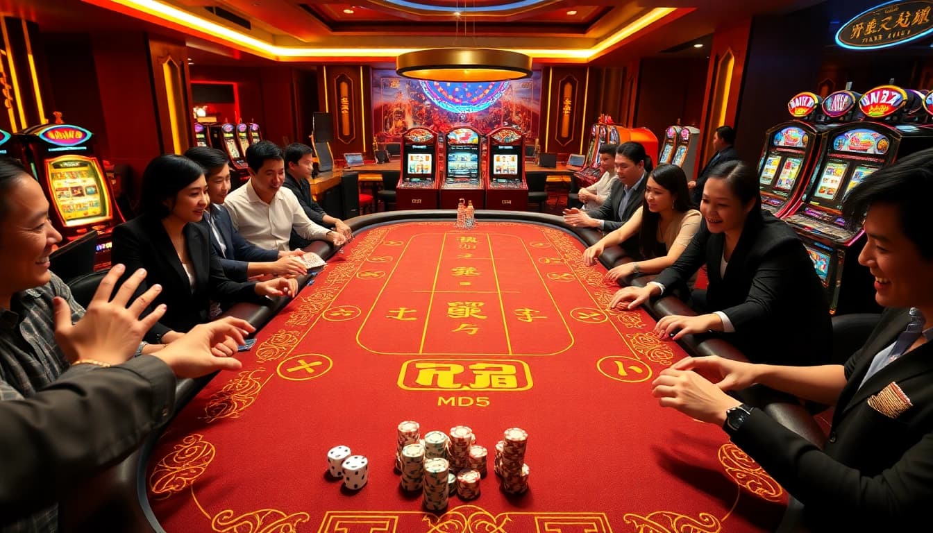 Tài Xỉu MD5 apk scene with players engaging at a vibrant game table in a luxurious casino setting.