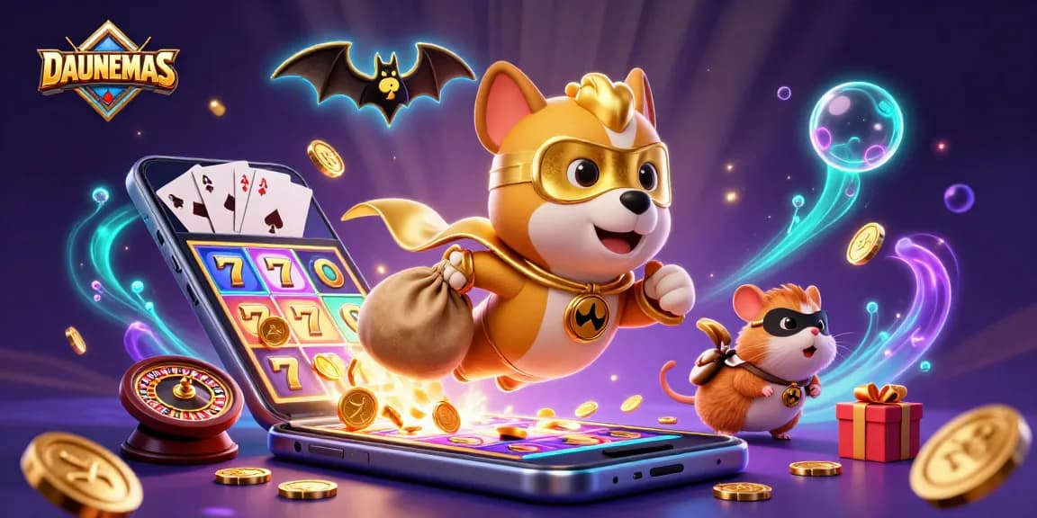 DAUNEMAS superhero dog flying with gold coins amidst a vibrant casino scene