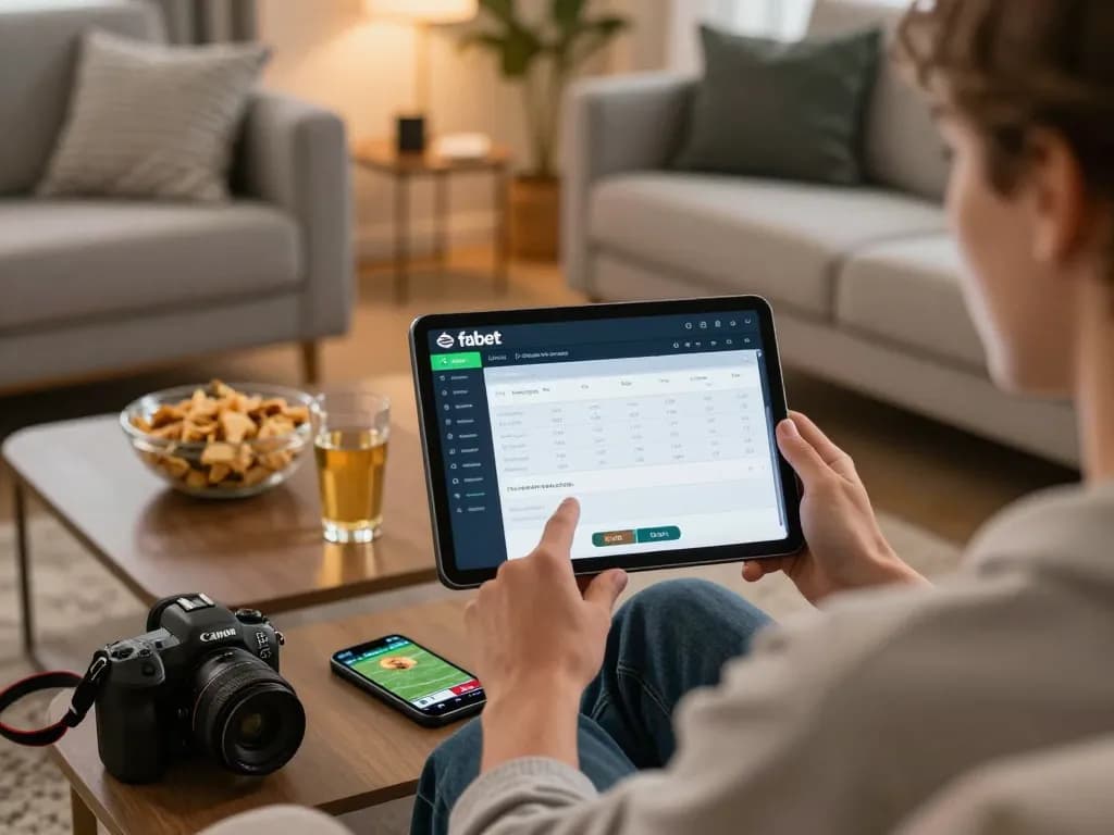Engaging in sports betting with fabet on a tablet in a cozy living room filled with excitement.