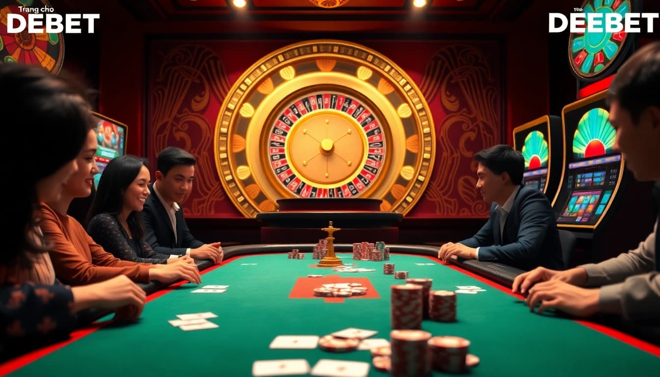 Experience the thrilling atmosphere of Trang Chủ DEBET with an elegant poker table and vibrant slot machines.