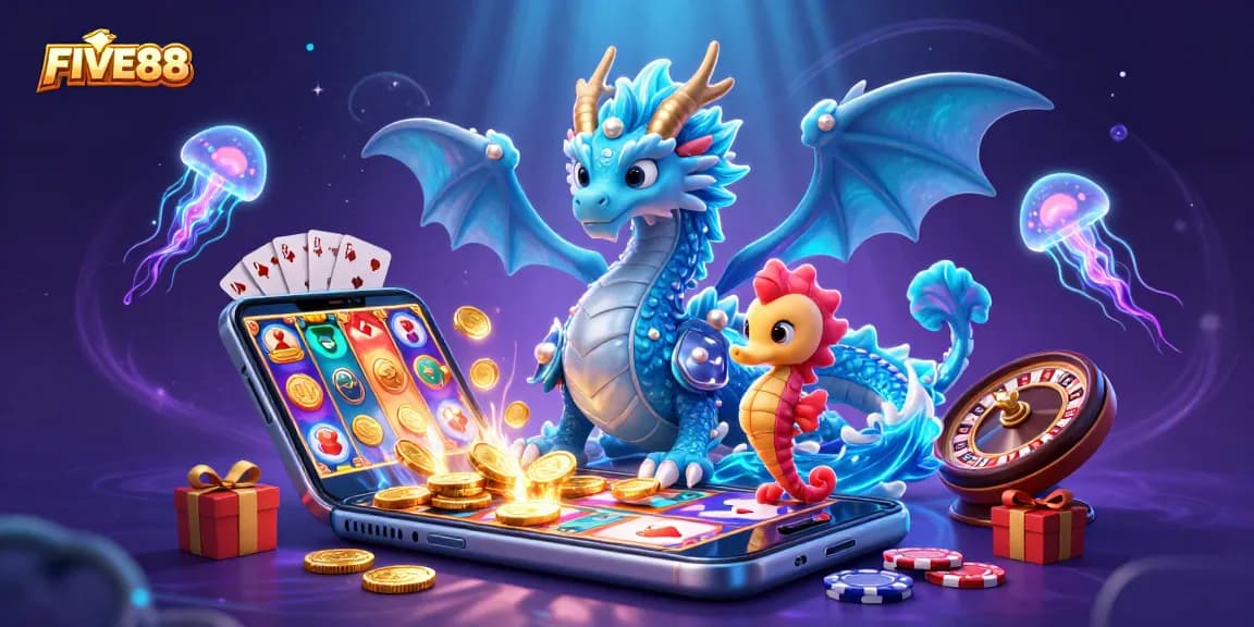 Experience the excitement of FIVE88 with a magical underwater scene showcasing vibrant gaming elements and character interaction.