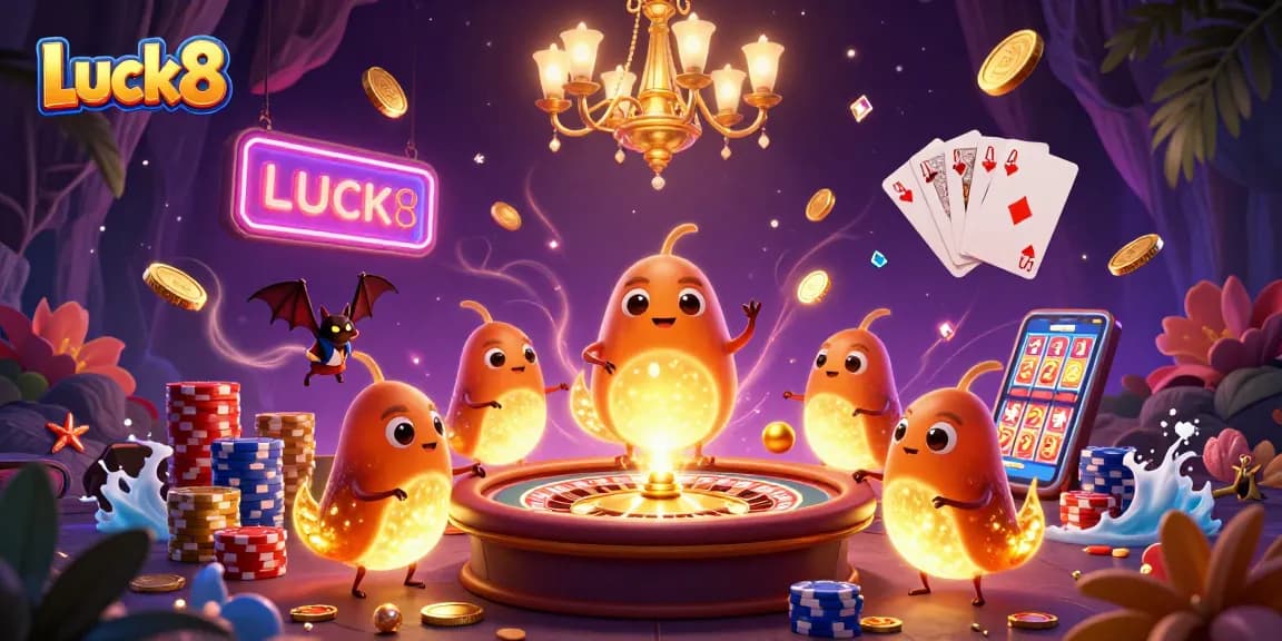Experience Luck8's vibrant casino scene filled with glowing characters and exciting games.