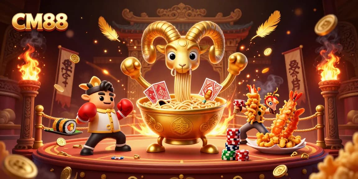 Experience CM88’s vibrant gambling atmosphere with a golden ramen bowl and sushi dealer in action.