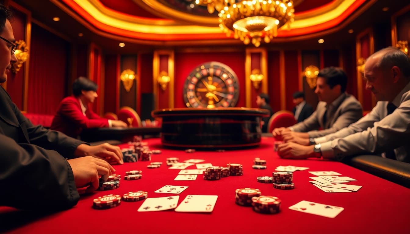 Players enjoy a thrilling poker game at 6FF casino, surrounded by elegant decor and vibrant colors.