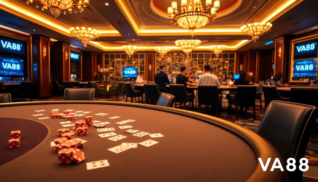 Experience the excitement of VA88 with a vibrant casino scene showcasing poker games.