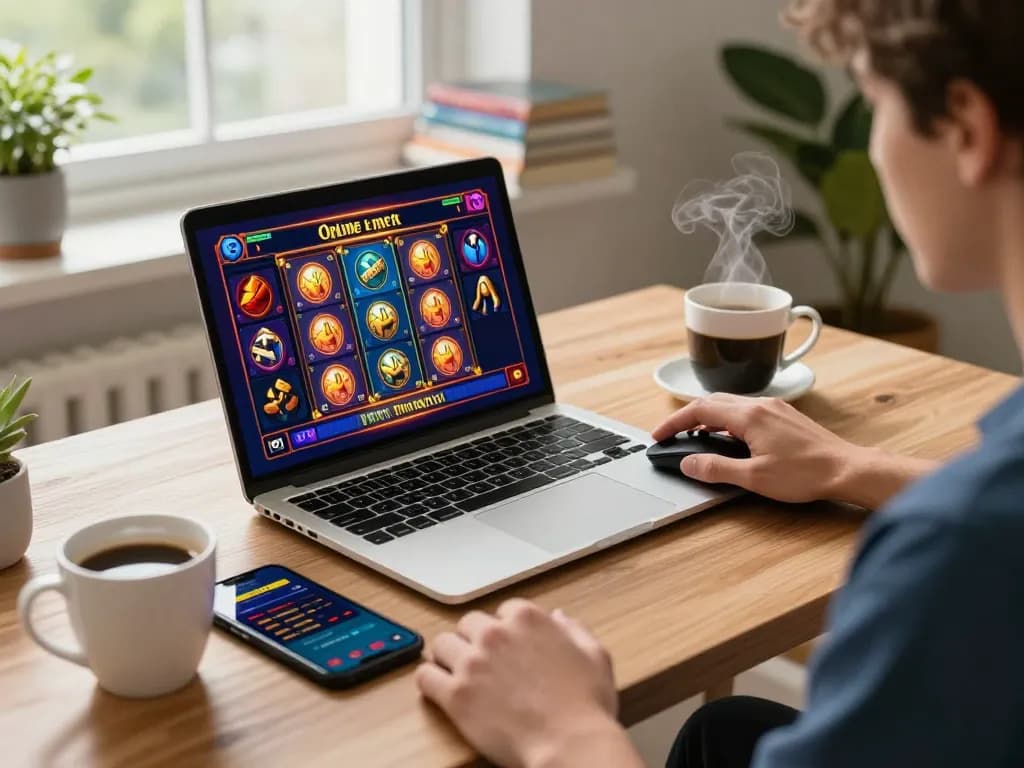KADAL778 player engaged in online slot game at home, demonstrating strategic gaming choices.