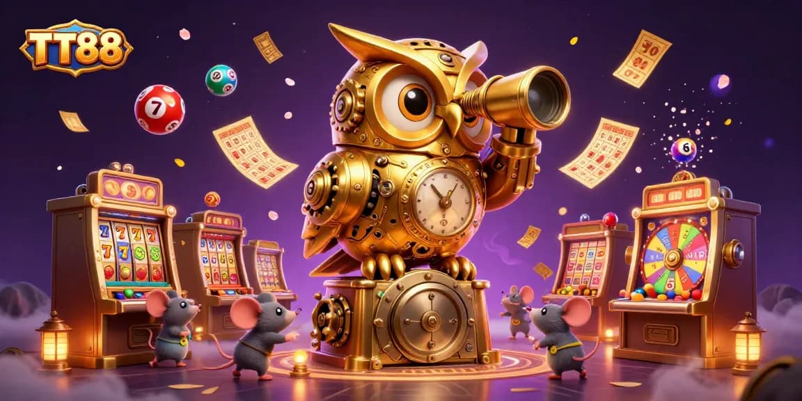 Experience the excitement of TT88 as a golden owl surveys a vibrant casino filled with dynamic slots and games.