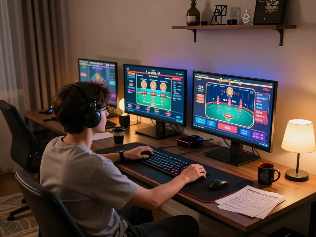 W188 online gaming setup featuring a player focused on poker and slots.