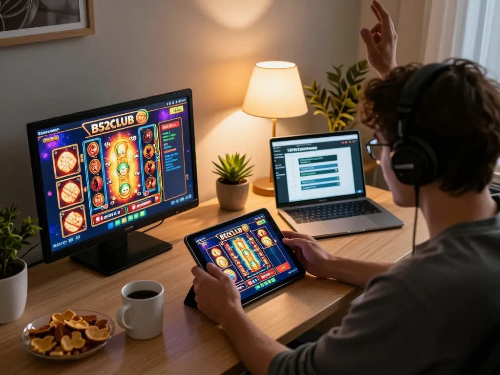 B52CLUB player engaged in thrilling online slots session with exciting gameplay and snacks.