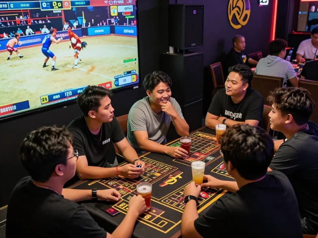 View of an engaging chicken fighting event where friends place bets on đá gà thomo, showcasing excitement and camaraderie.