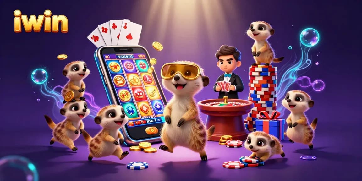 iwin meerkats managing a bustling slot casino with vibrant gaming elements and a colorful atmosphere.
