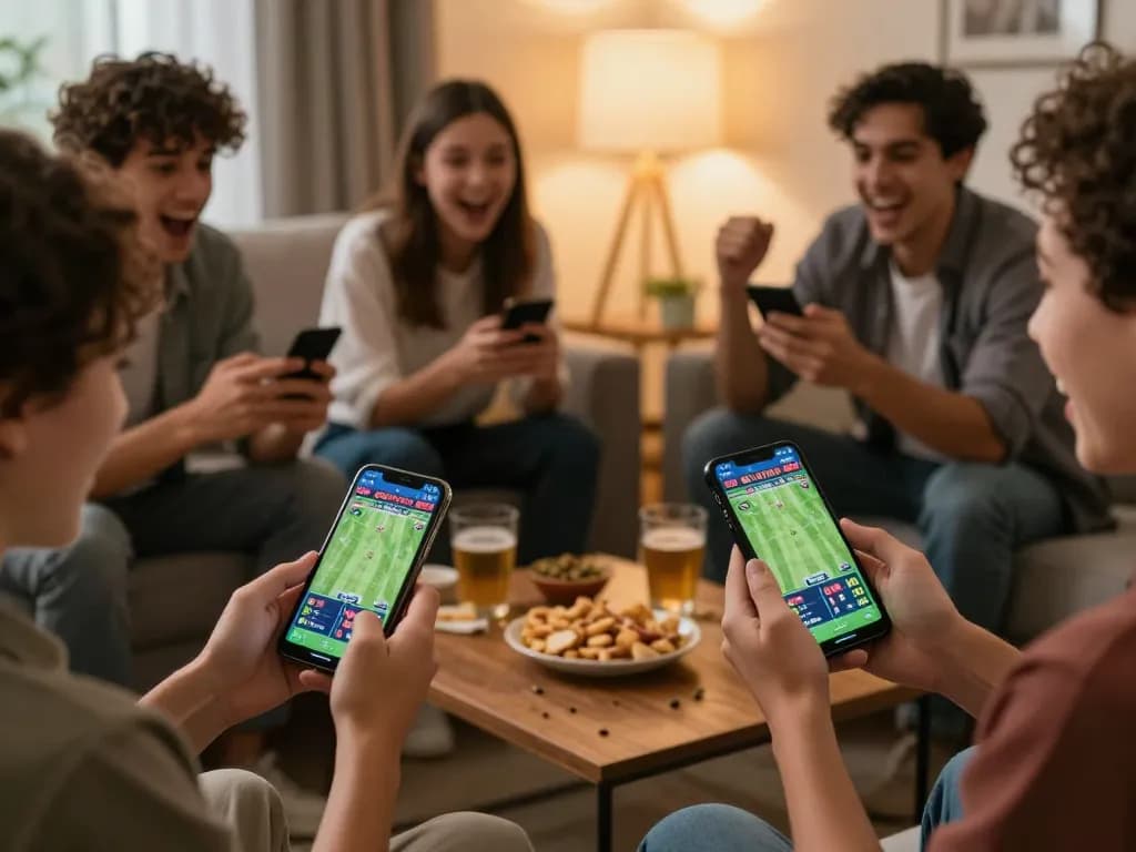 Cheering friends engage in sports betting excitement at home, bem88 nhà cái mobile interface displayed
