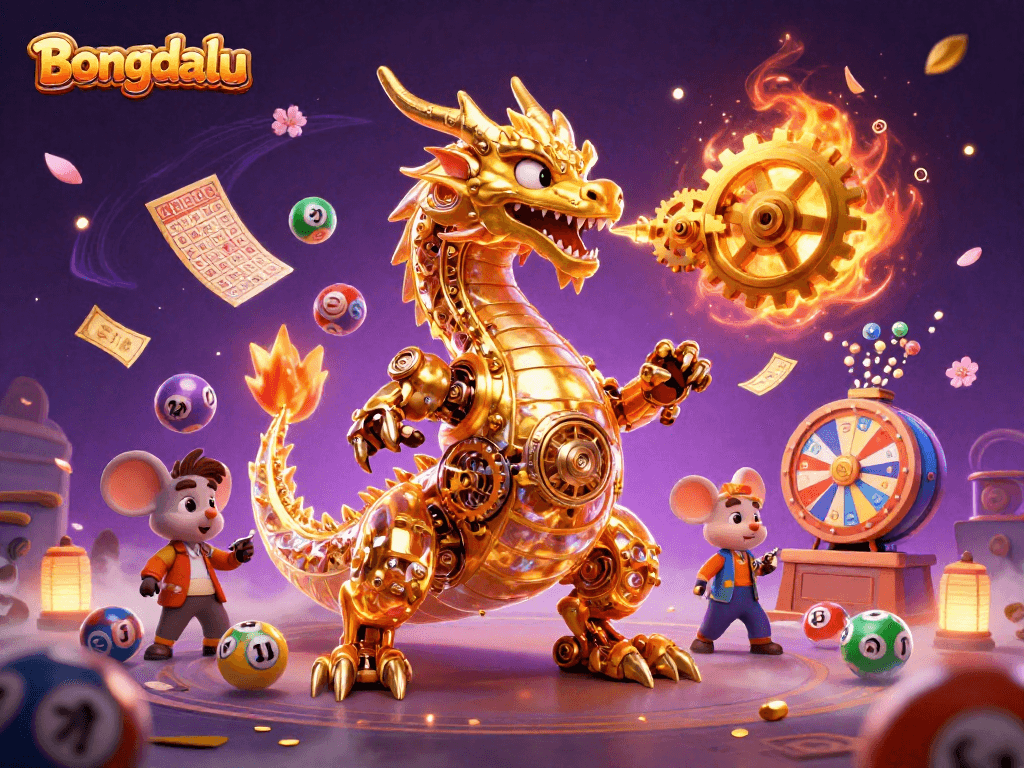 Bongdalu showcases a golden dragon and a mouse engineer amidst colorful lottery elements and vibrant casino imagery.