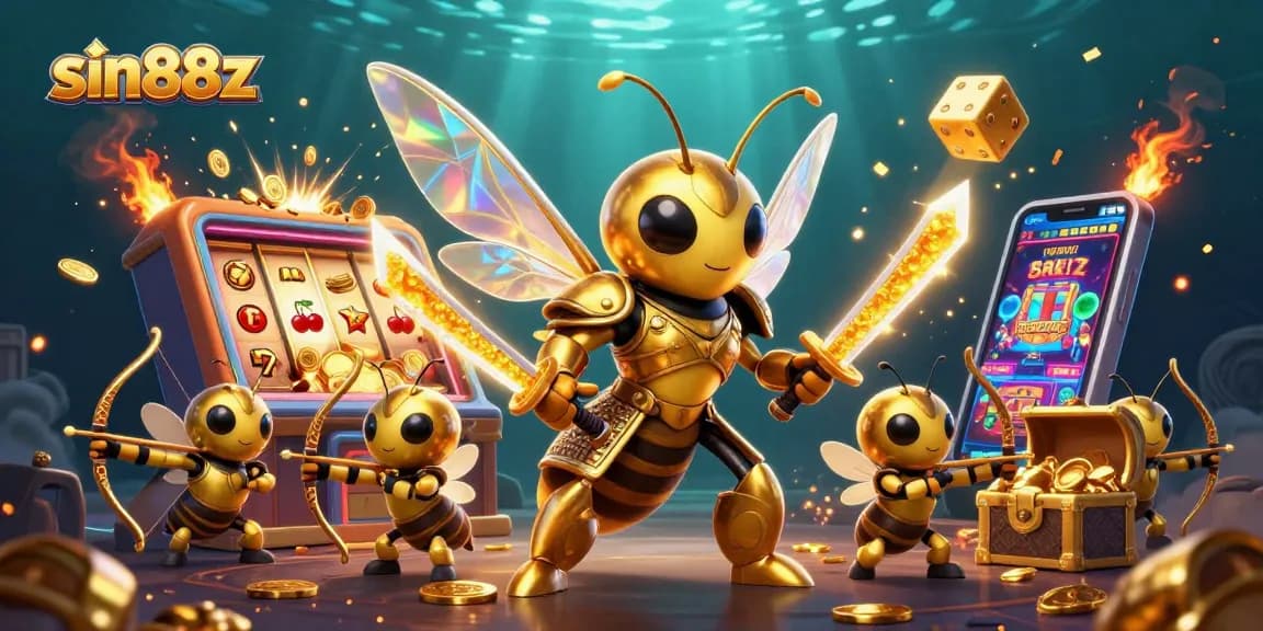 Engage with the exhilarating slots experience at sin88z, showcasing a golden hornet samurai amidst a jackpot explosion.