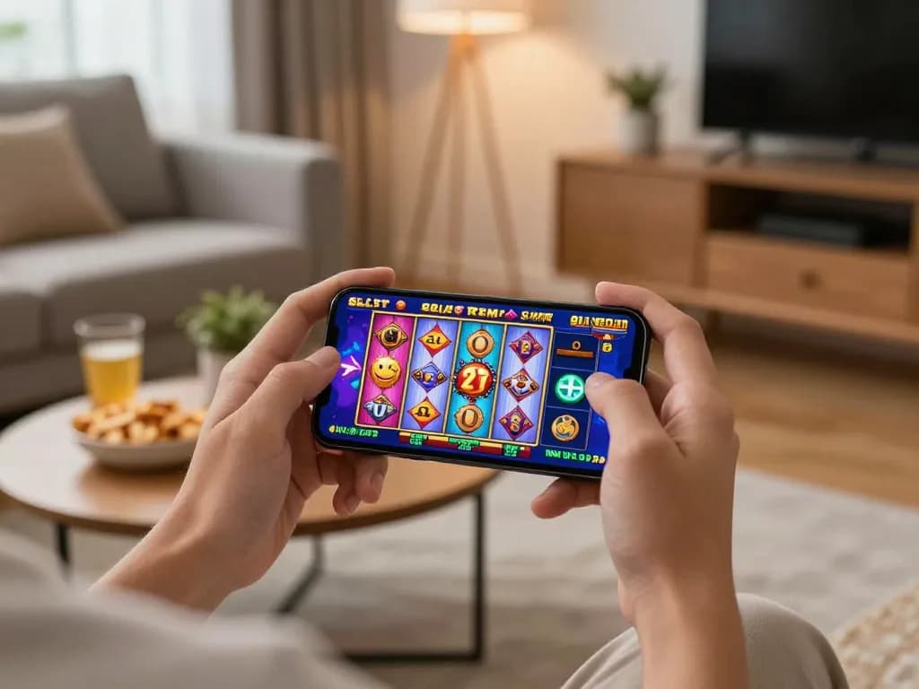 Engaging gameplay scene showing a player enjoying Slot Resmi games on a smartphone in a cozy setting.