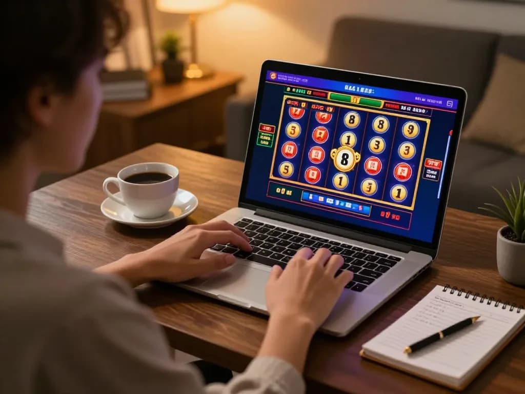 RR88 player engaging in an online slot game in a stylish home office, showcasing strategic gameplay.