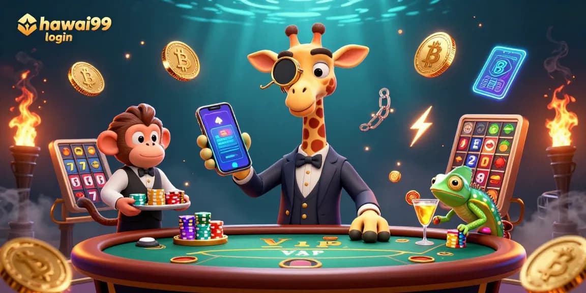 Experience hawai99 login at a vibrant casino scene with a high-roller giraffe, monkey valet, and chameleon bartender.