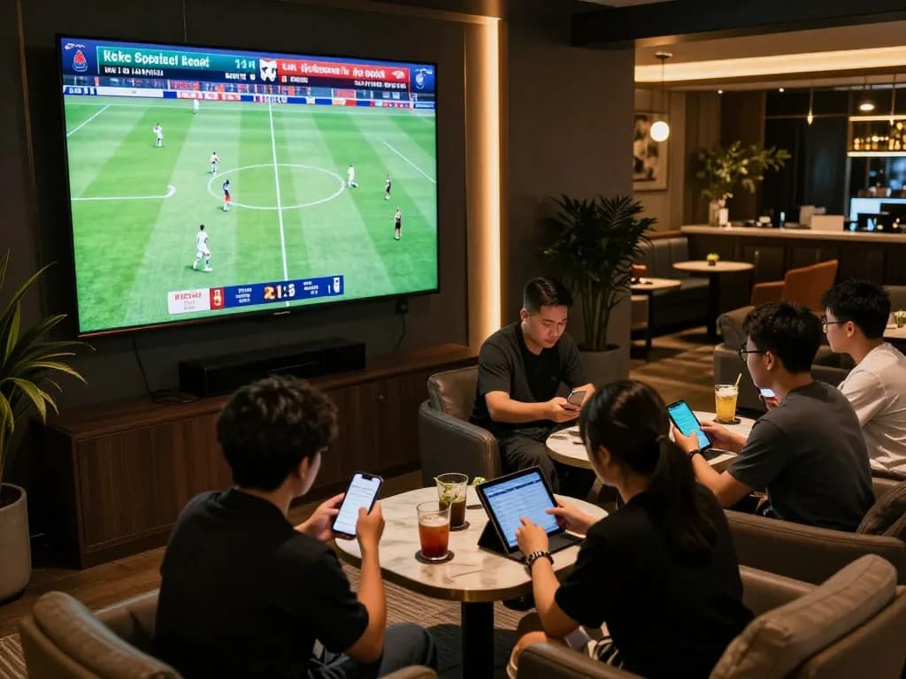 Engaged patrons analyzing kèo bóng đá on mobile devices while watching a live football match in a vibrant sports lounge.