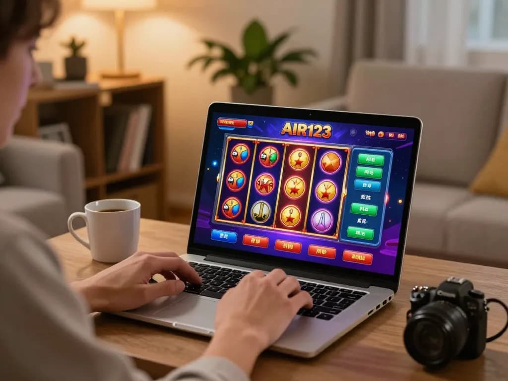 Sesi permainan AIR123 yang menarik di laptop dalam suasana ruang tamu yang nyaman, menampilkan perjudian online.