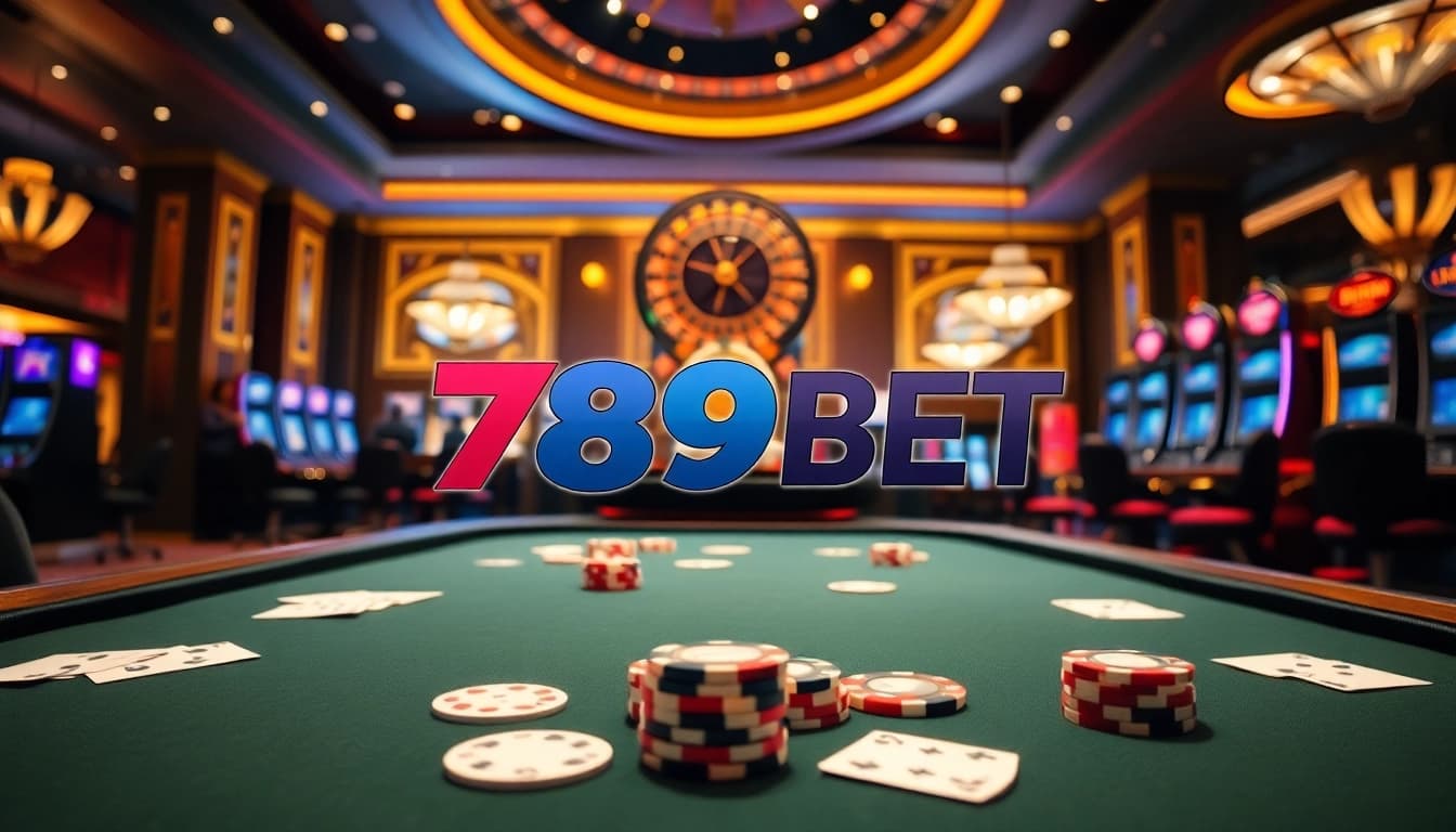 Experience the excitement at 789BET casino with poker chips and cards on display.