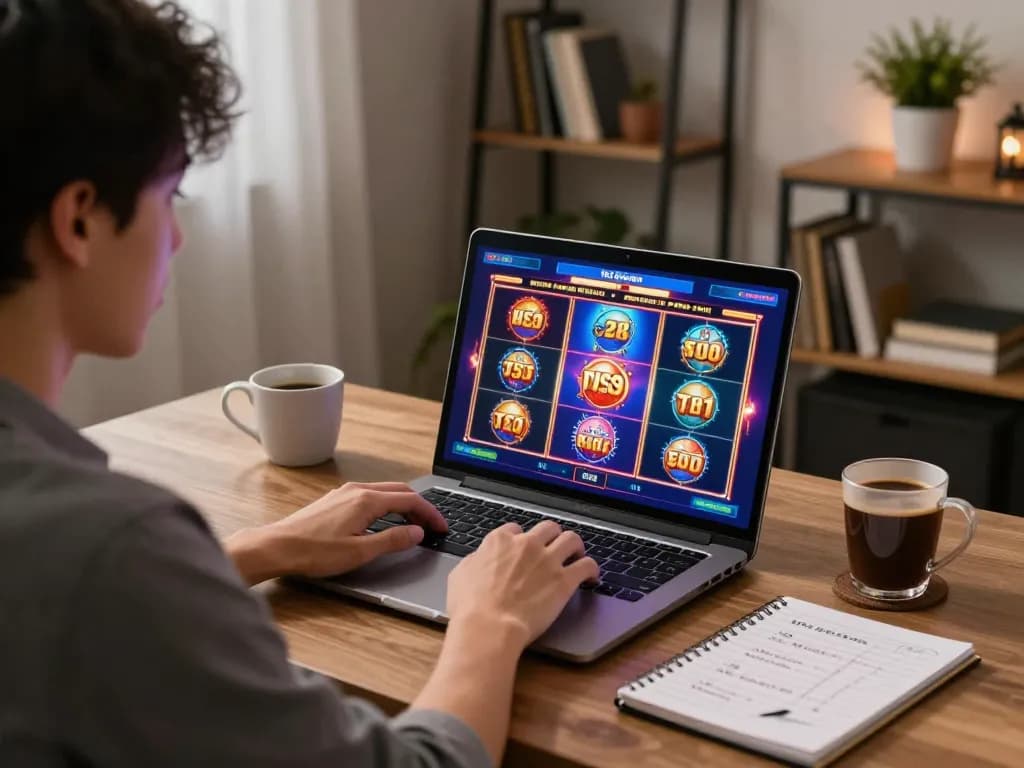 Engaging player strategizing bets on situs slot in a modern home gaming setup.
