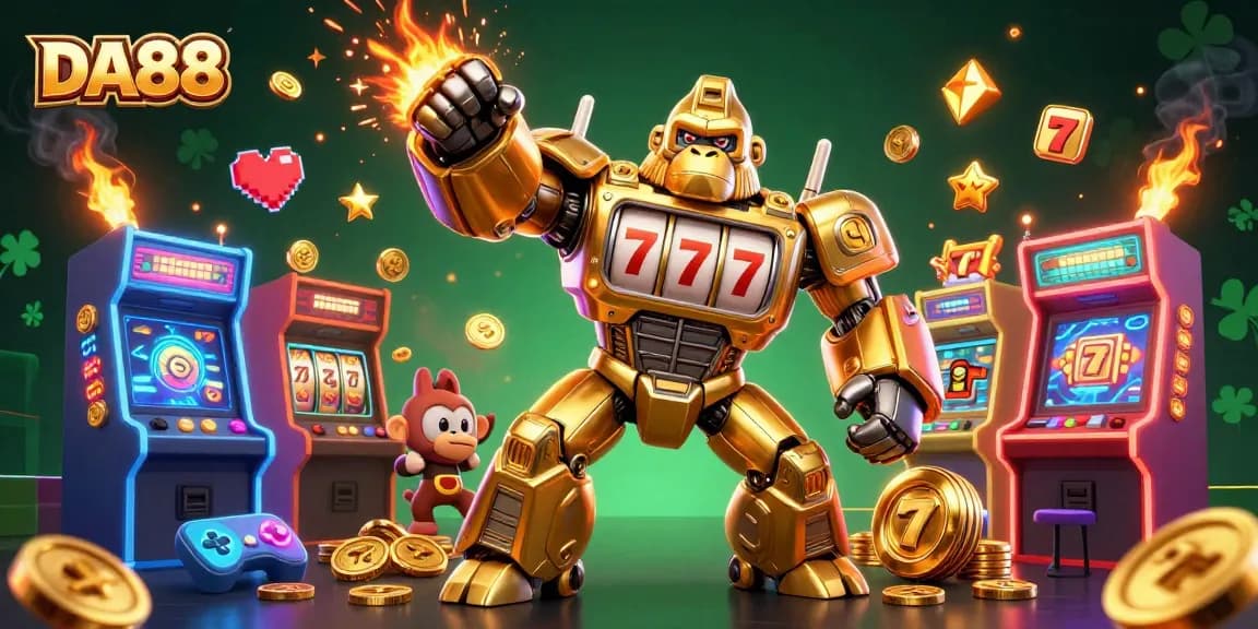 Experience the thrill at DA88 with an action-packed gaming scene featuring slots and 3D characters.