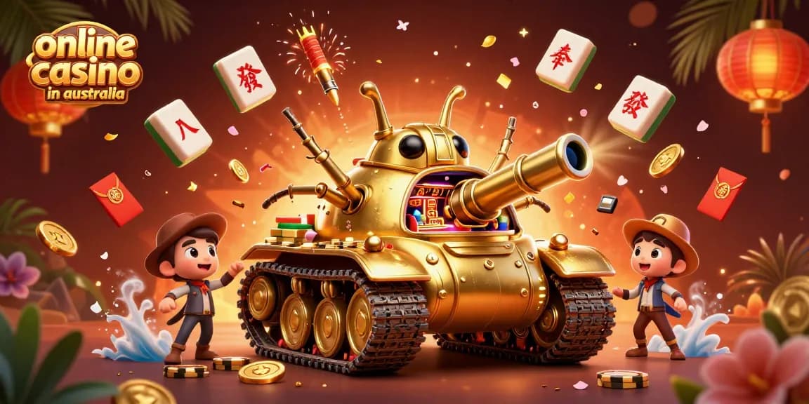Experience the excitement of an online casino in australia with a colorful 3D cartoon scene featuring a golden beetle tank and miniature casino.