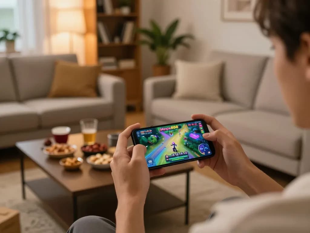 Mega888 Mobile gameplay on smartphone in a cozy living room, showcasing casual gaming atmosphere with snacks