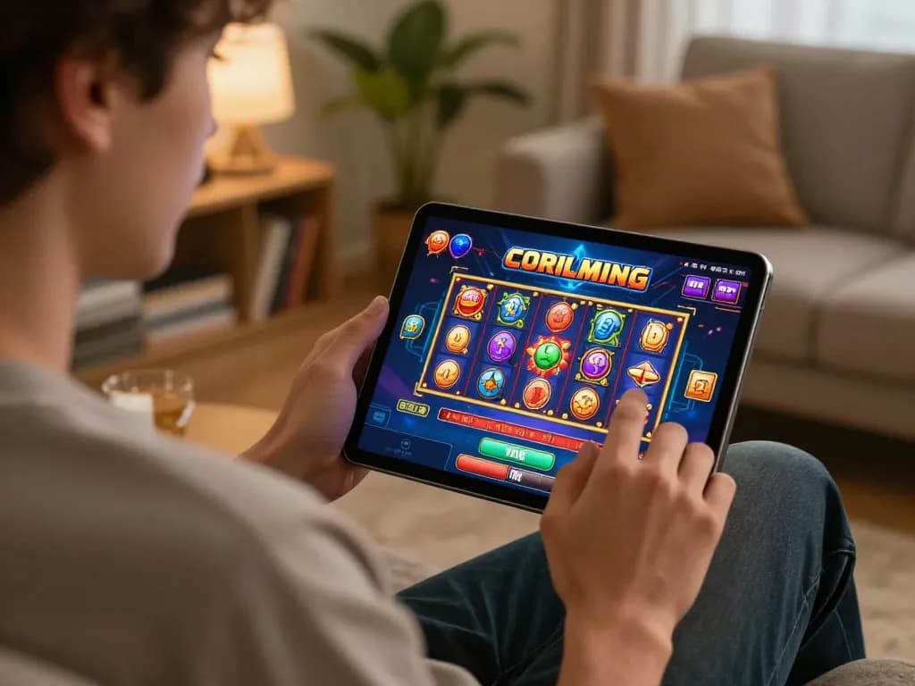 Engaging online gambling experience on ligalgo platform with vibrant graphics in cozy setting.