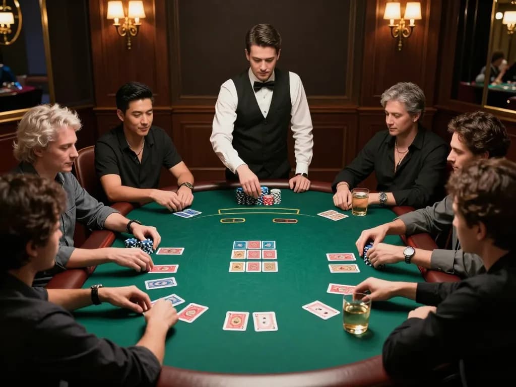 Intense poker action at a luxurious poker table with players engaged in a gi88 game.