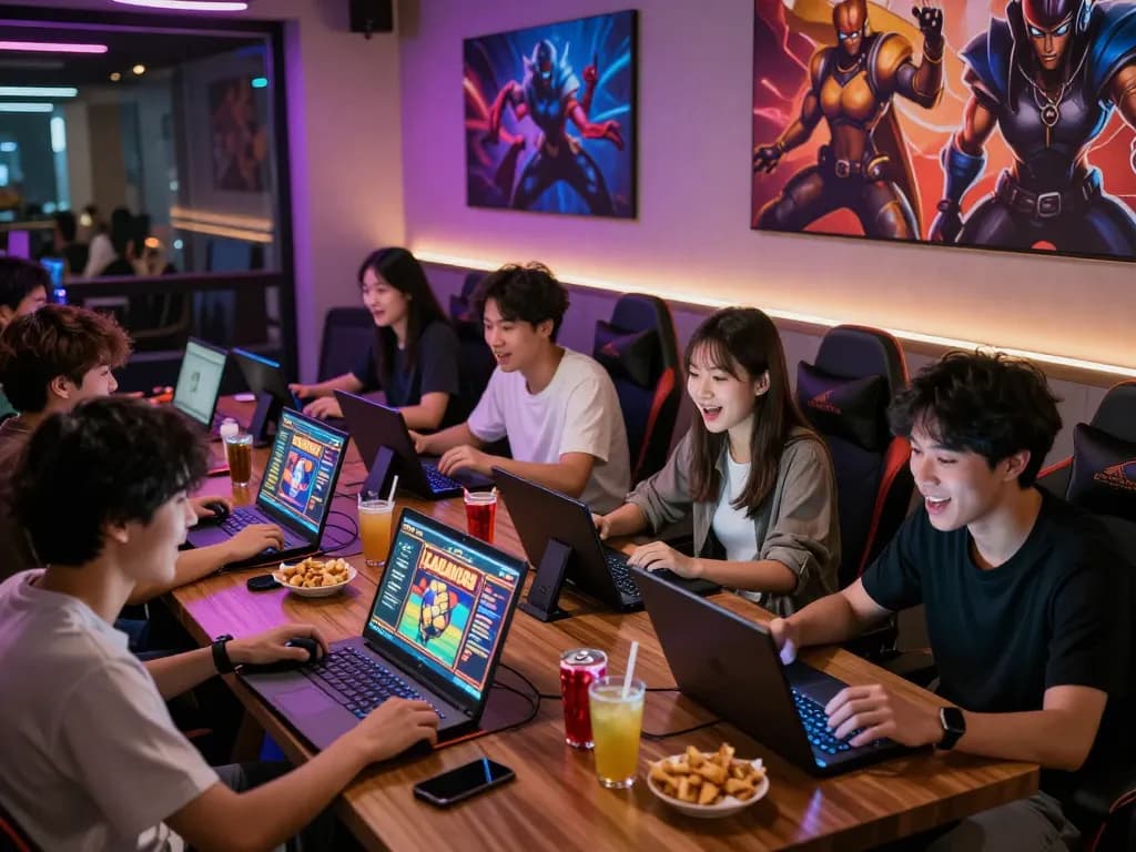 Sekelompok teman menikmati permainan slot laoban188 di suasana lounge gaming yang hidup.