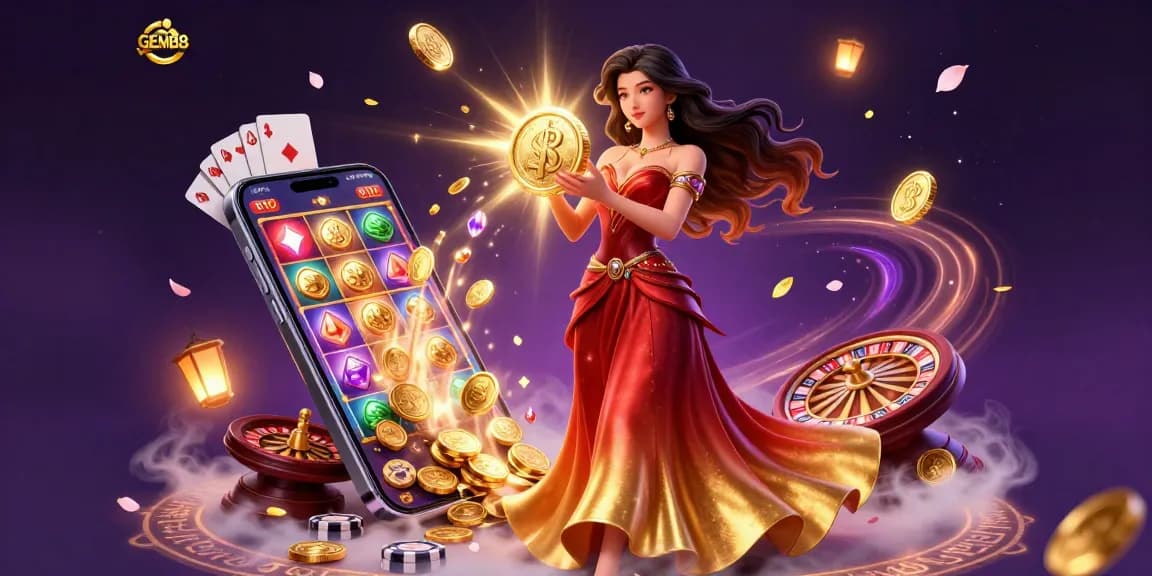 Engage with GEM88's vibrant winning opportunities featuring stunning visuals of a golden coin and dynamic gaming elements.