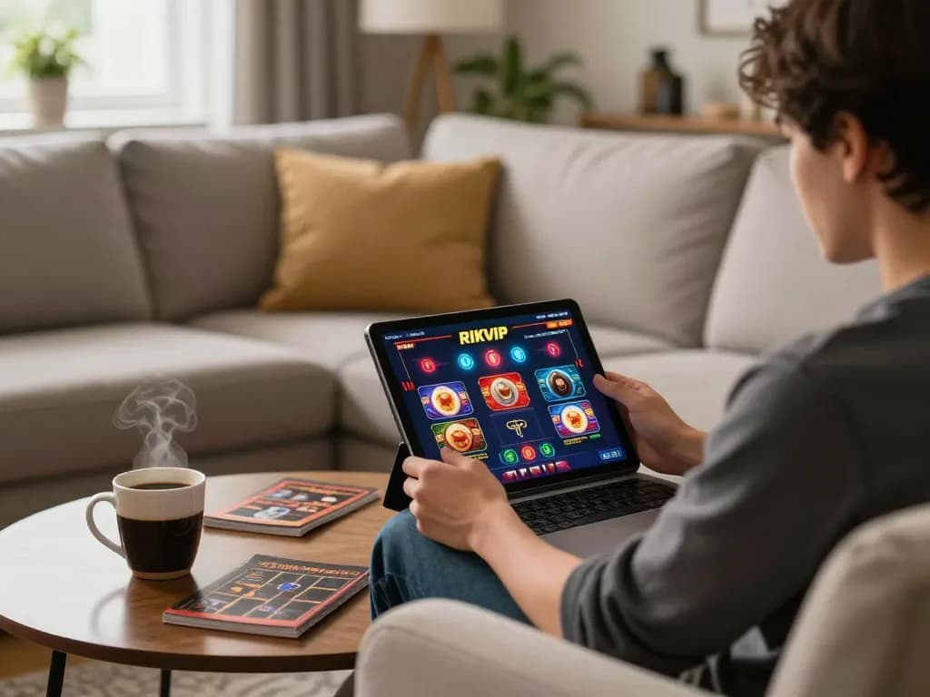 Engaging with RIKVIP online casino on a cozy sofa setting, showcasing vibrant game graphics.