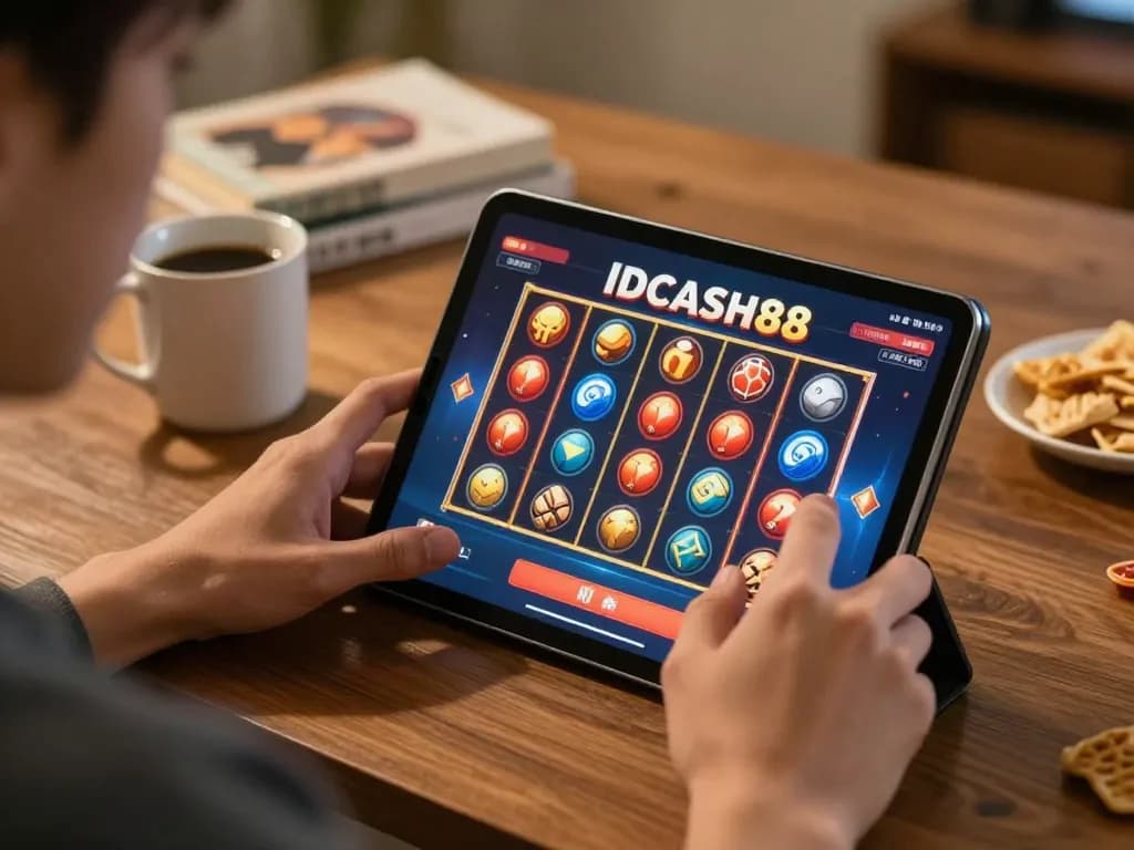 Engaging gameplay with IDCASH88 on a tablet, showcasing vibrant online slots and cozy atmosphere.