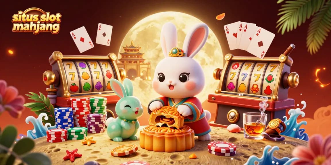 Engage in situs slot mahjong with a vibrant scene showcasing a moon rabbit and poker elements.
