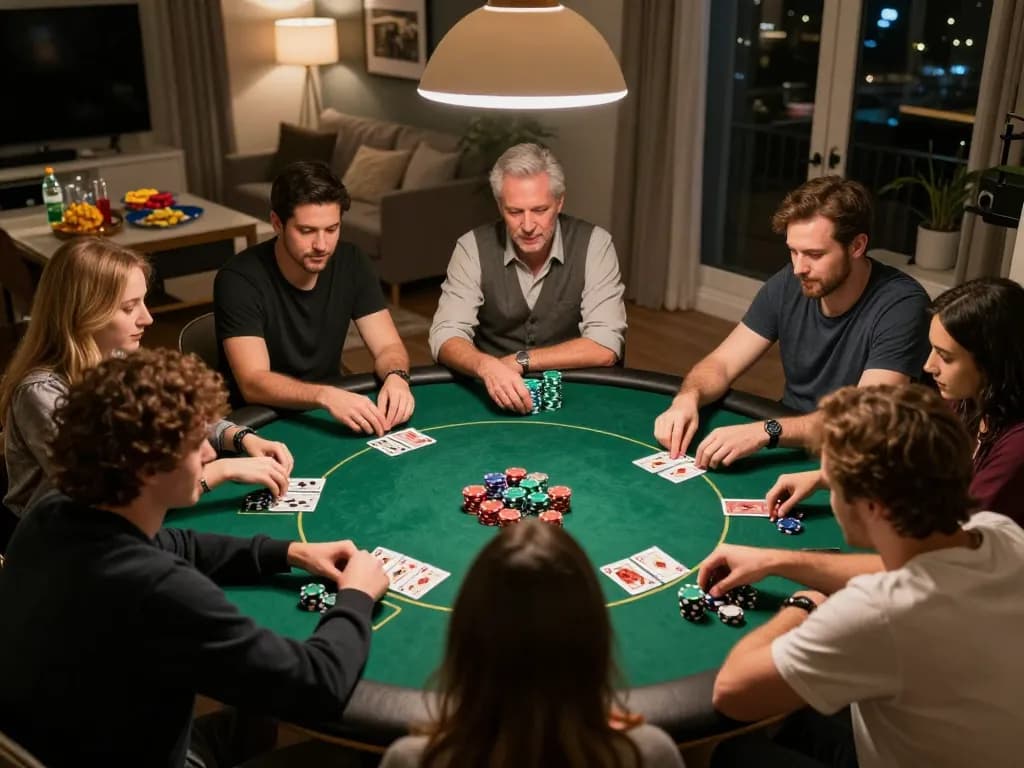 Players engaged in a lively poker night around a green felt table, enjoying U888 gaming experience with chips and cards