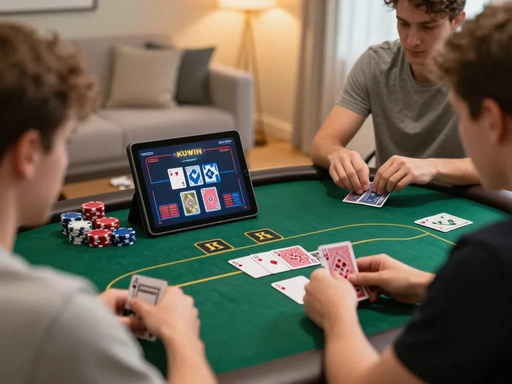 Engaged players enjoying poker on KUWIN, showcasing a dynamic online gaming experience at home.