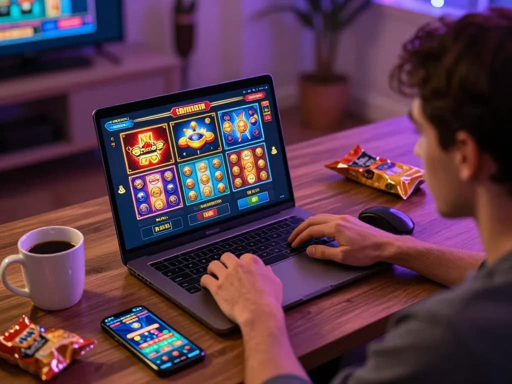 Player enjoying non Gamstop casinos on a laptop with vibrant online gaming graphics.