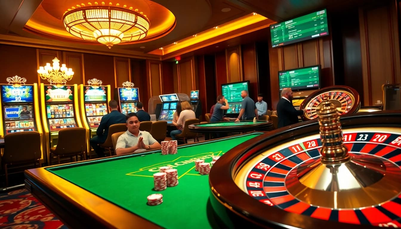 Players enjoying various games at 12BET casino with vibrant poker chips and exciting slot machines.