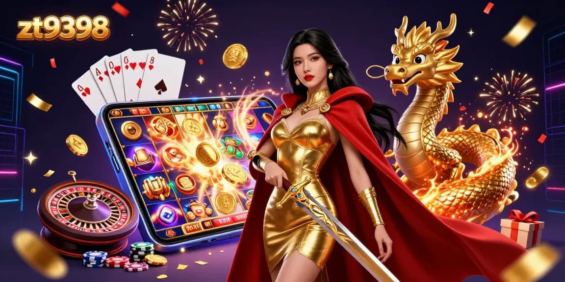 Experience zt9398's vibrant casino scene filled with golden dragon, slot games, and dazzling gaming elements.