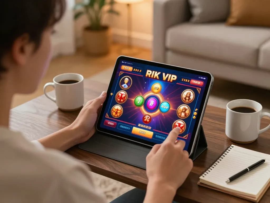 Playing RIK VIP on tablet in a cozy home, showcasing engaging casino game interface.