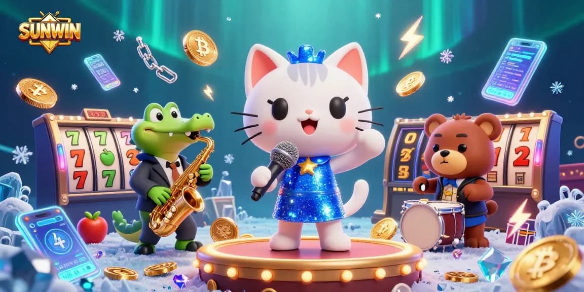 SUNWIN offers thrilling jackpot excitement with cartoon characters in a vibrant casino setting.