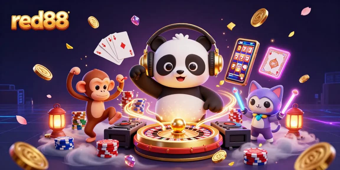 Participate in the exciting atmosphere of red88 with a DJ panda, dance moves, and casino excitement.