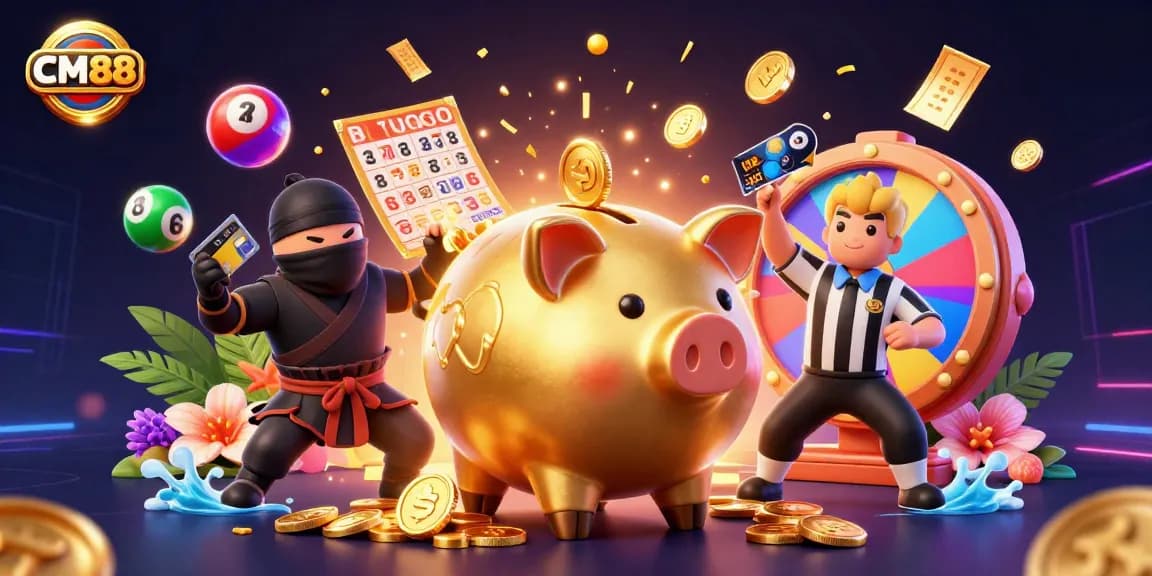 CM88 engages players with vibrant scenes of winning amidst colorful games and dynamic casino elements.